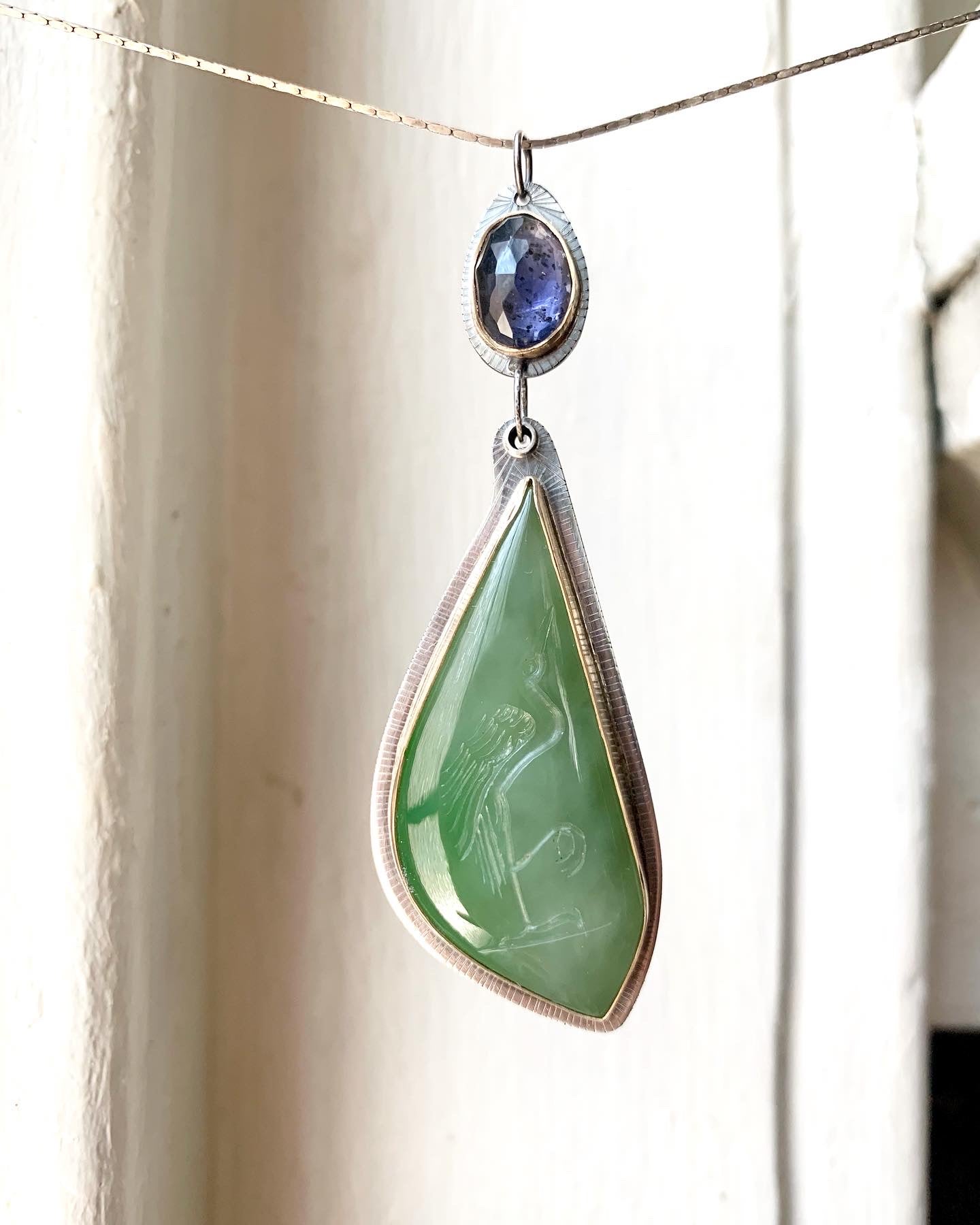 magic jade and iolite talisman made in gold and sterling silver one of a kind