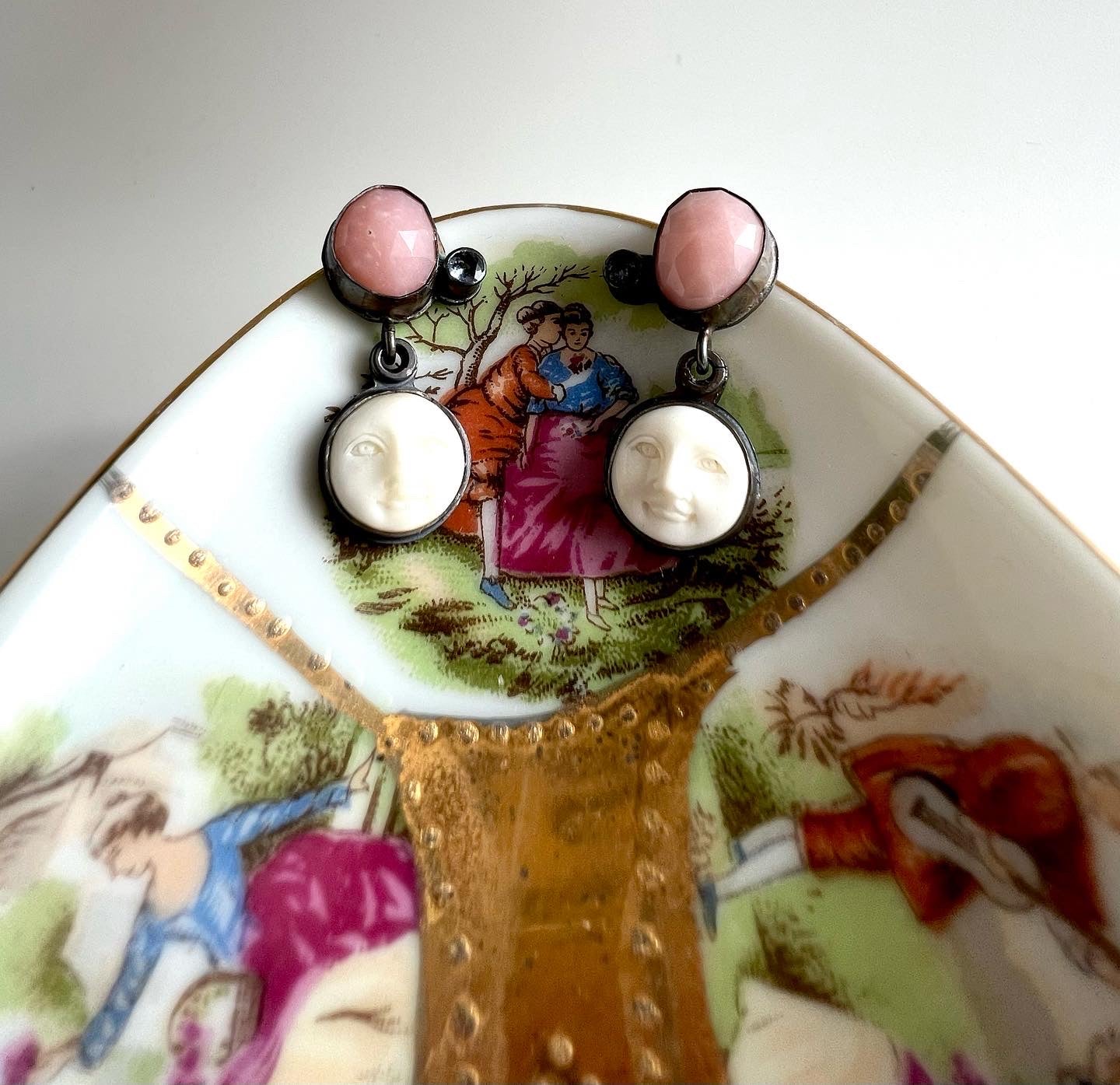 moon face earrings - carved bone, pink opal and tanzanite post earrings - handmade and one of a kind jewelry