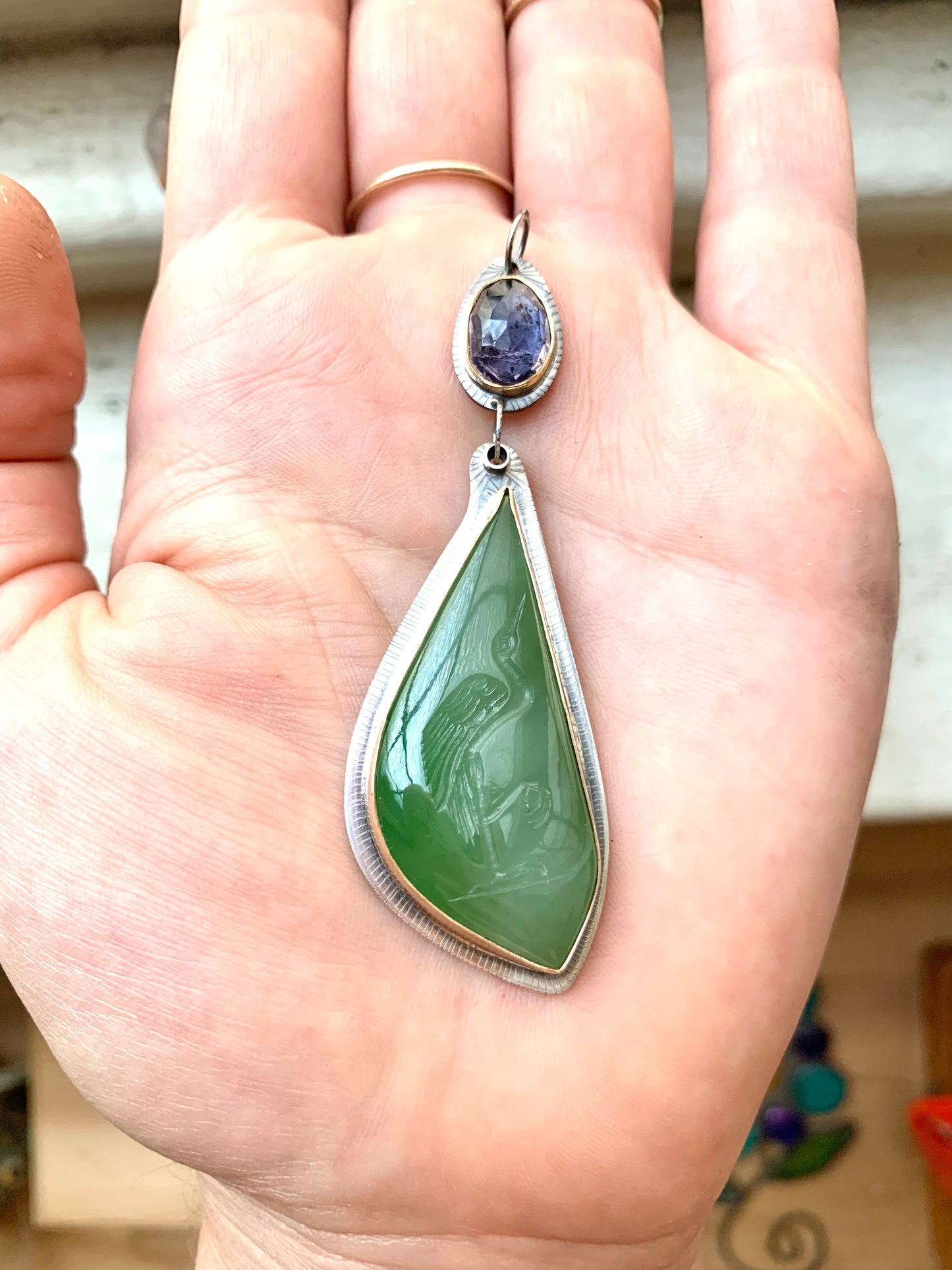 magic jade and iolite talisman made in gold and sterling silver one of a kind