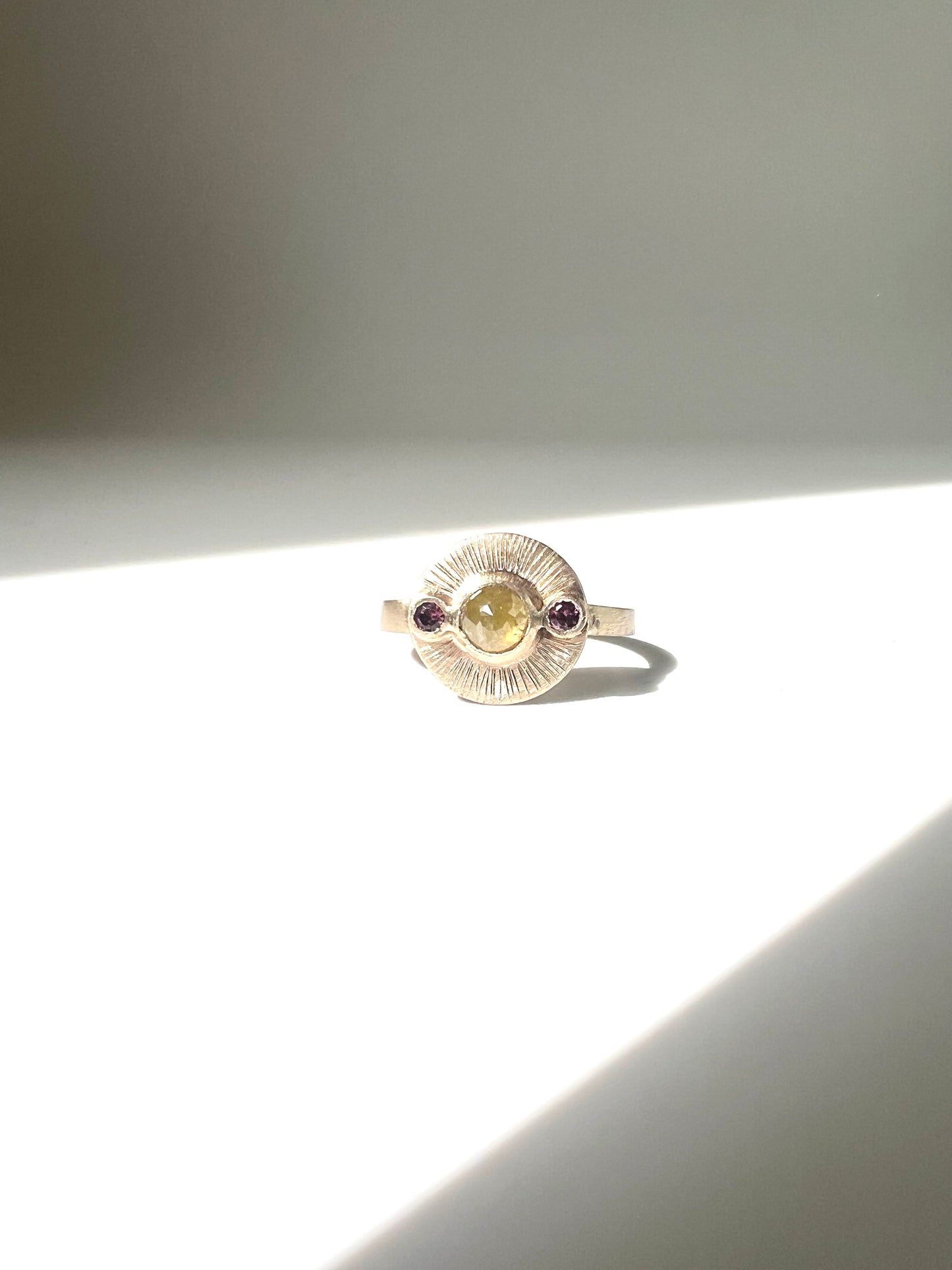 handcrafted 14k gold, yellow diamond and pink sapphire one of a kind Aurora ring