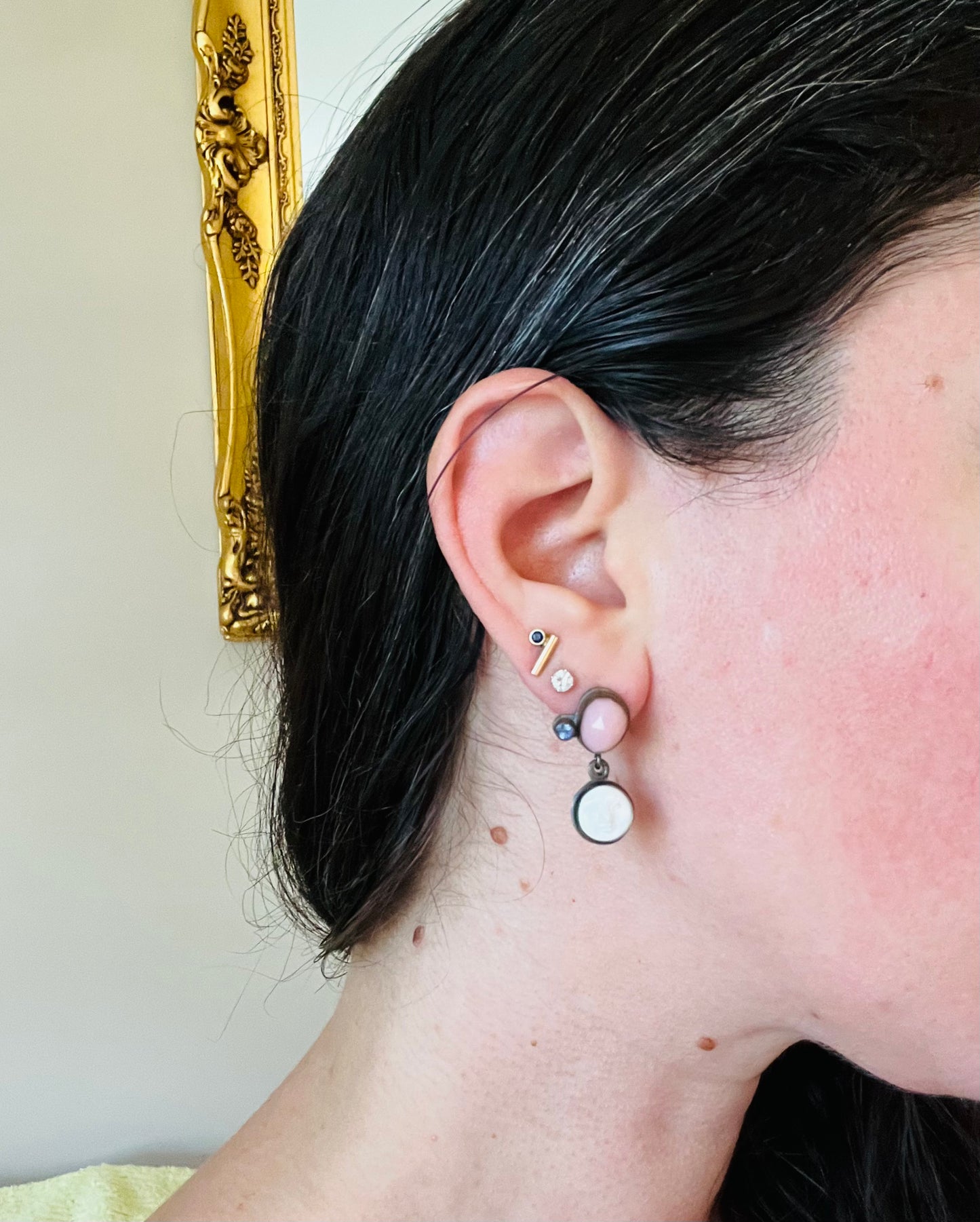 moon face earrings - carved bone, pink opal and tanzanite post earrings - handmade and one of a kind jewelry