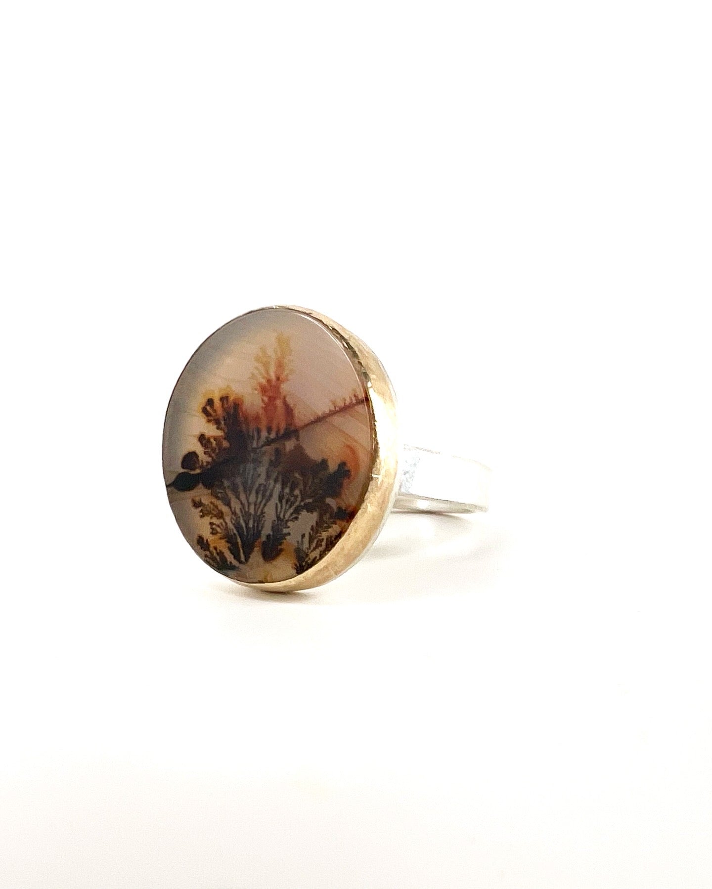 handmade dendritic agate ring made in silver and 14k gold US size 8.5
