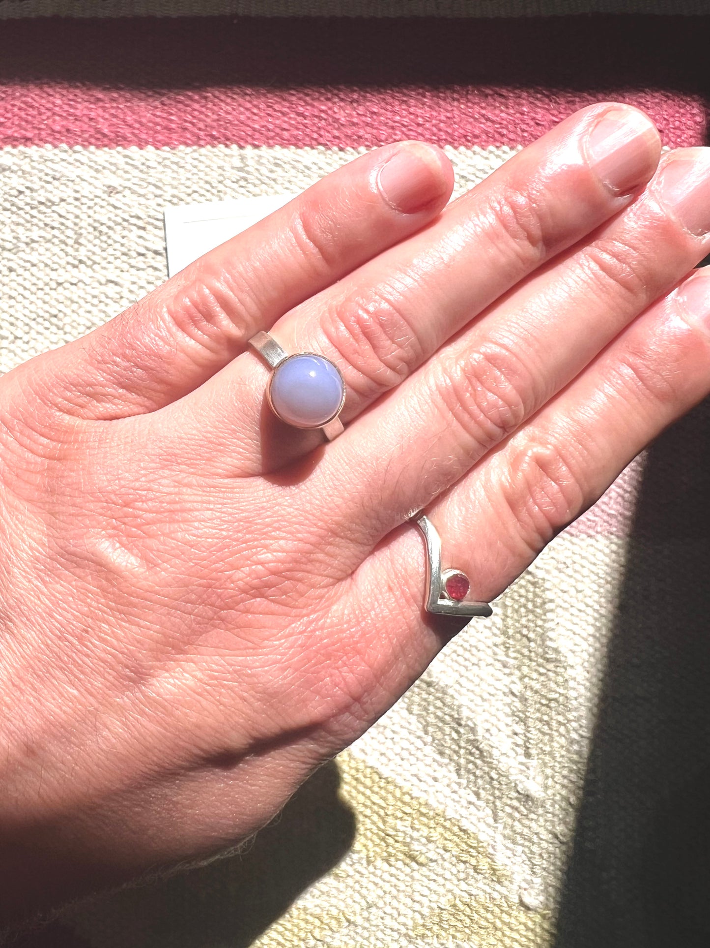 handmade blue chalcedony ring in 14k gold and sterling silver - stacking ring one of a kind
