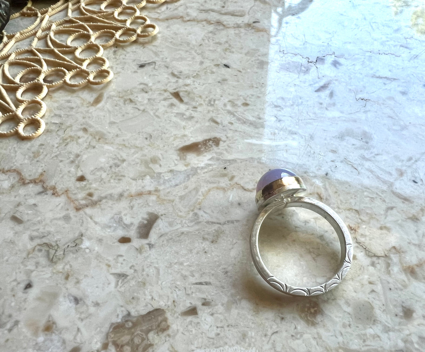 handmade blue chalcedony ring in 14k gold and sterling silver - stacking ring one of a kind