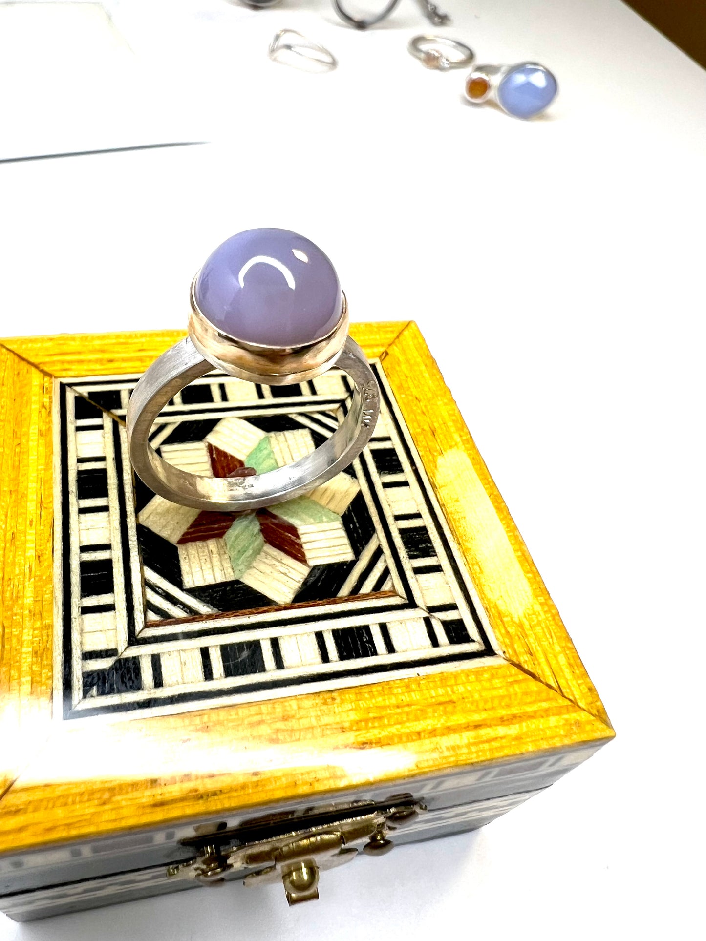 handmade blue chalcedony ring in 14k gold and sterling silver - stacking ring one of a kind