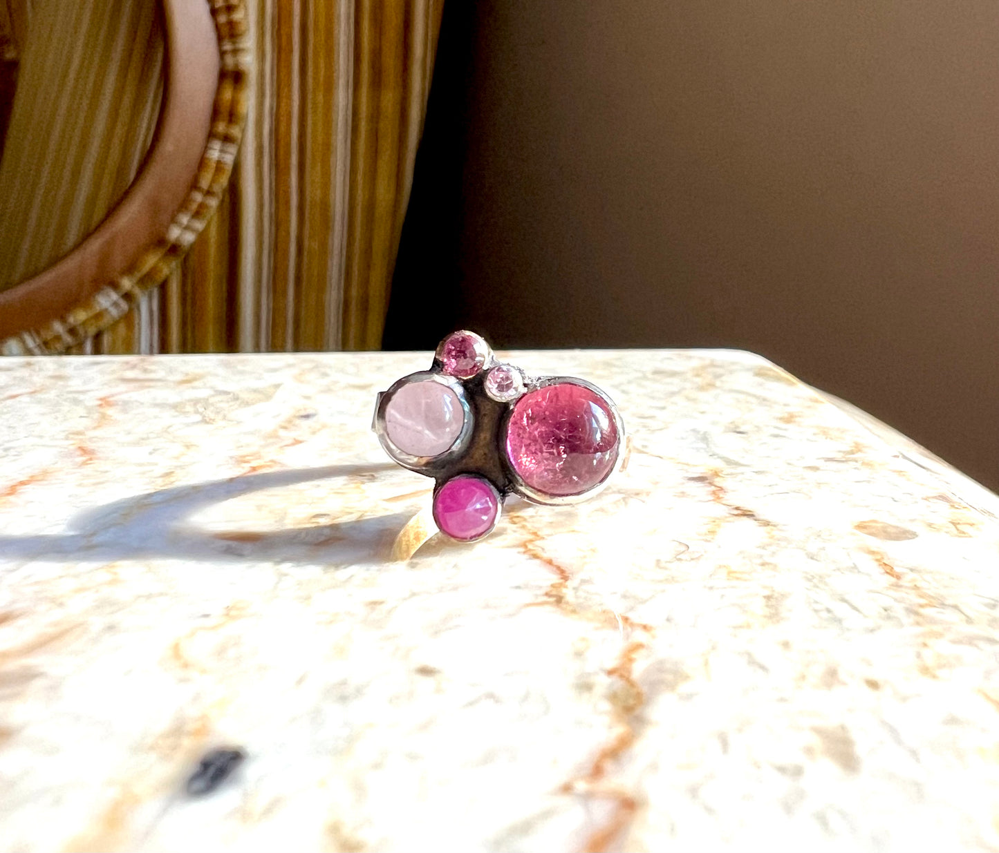 handmade tourmaline rose quartz and sapphire pink cluster ring one of a kind