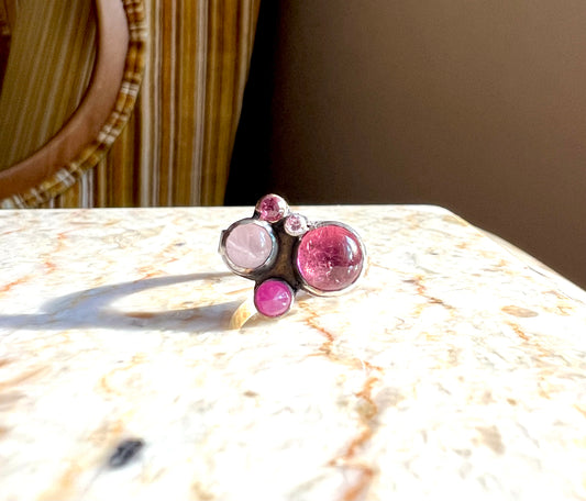 handmade tourmaline rose quartz and sapphire pink cluster ring one of a kind