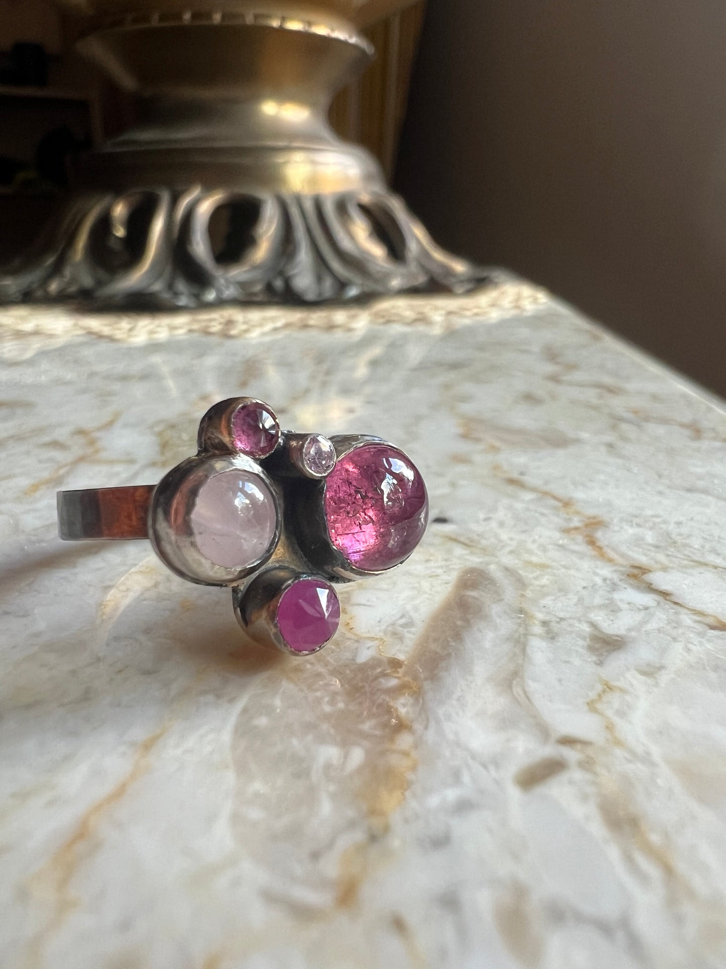 handmade tourmaline rose quartz and sapphire pink cluster ring one of a kind