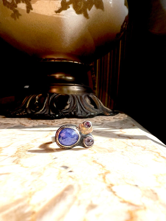 handmade tanzanite amethyst and sapphire ring in silver and gold one of a kind