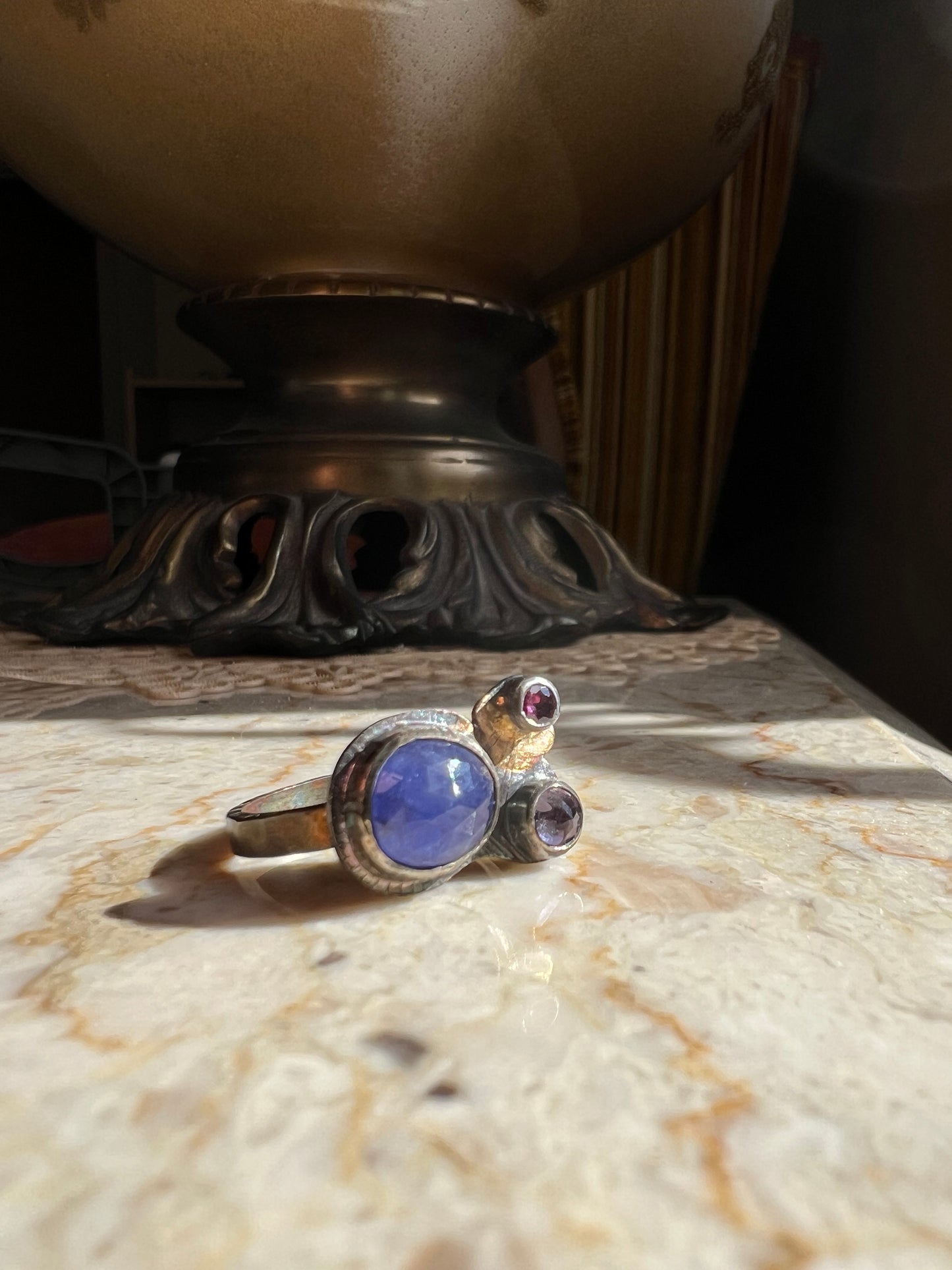 handmade tanzanite amethyst and sapphire ring in silver and gold one of a kind