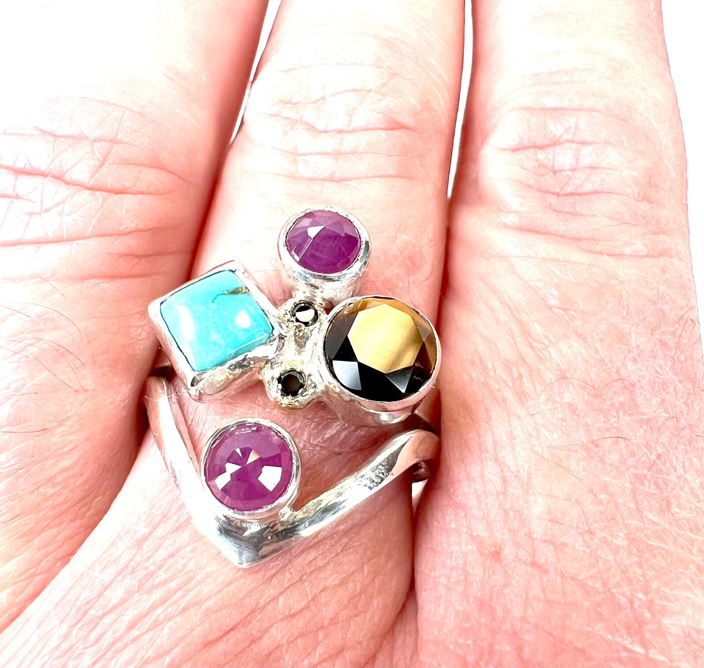 handmade gemmy stacking ring set turquoise tigers eye and sapphire US size 8