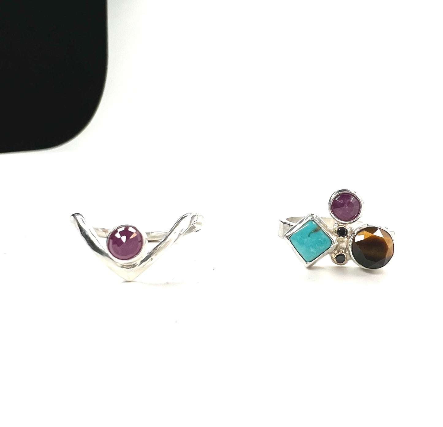 handmade gemmy stacking ring set turquoise tigers eye and sapphire US size 8