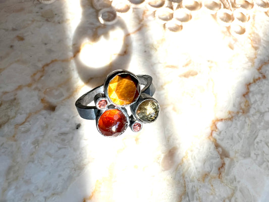 Handmade tigers eye, garnet, citrine and sapphire ring in sterling silver US size 7