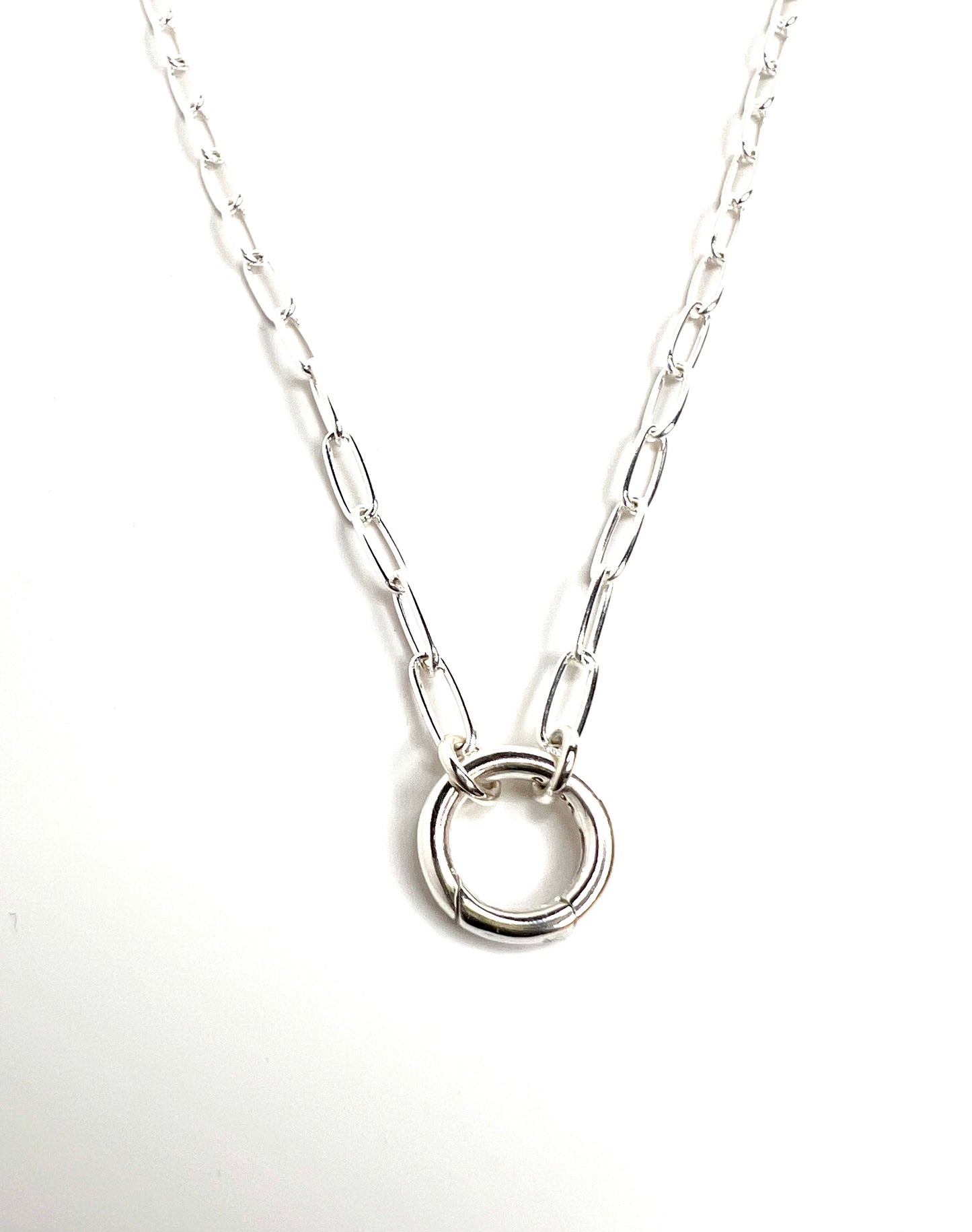 Sterling Silver Circle Charm Holder Necklace – Paperclip Chain