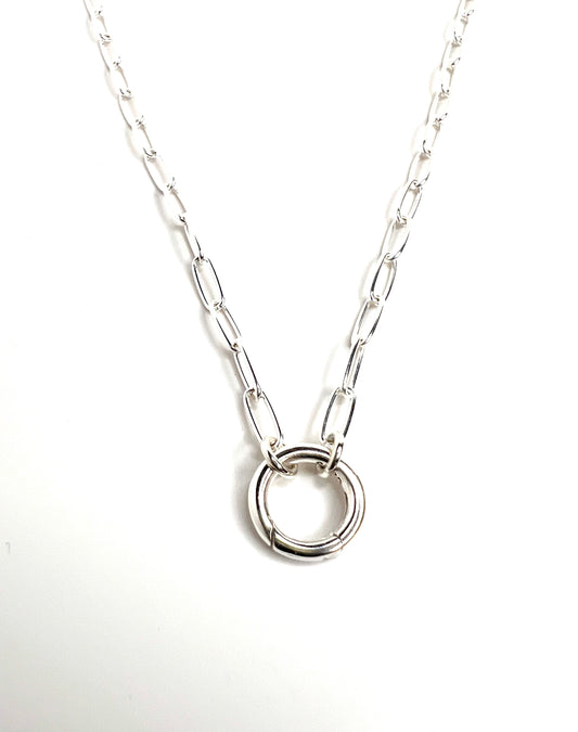 Sterling Silver Circle Charm Holder Necklace – Paperclip Chain