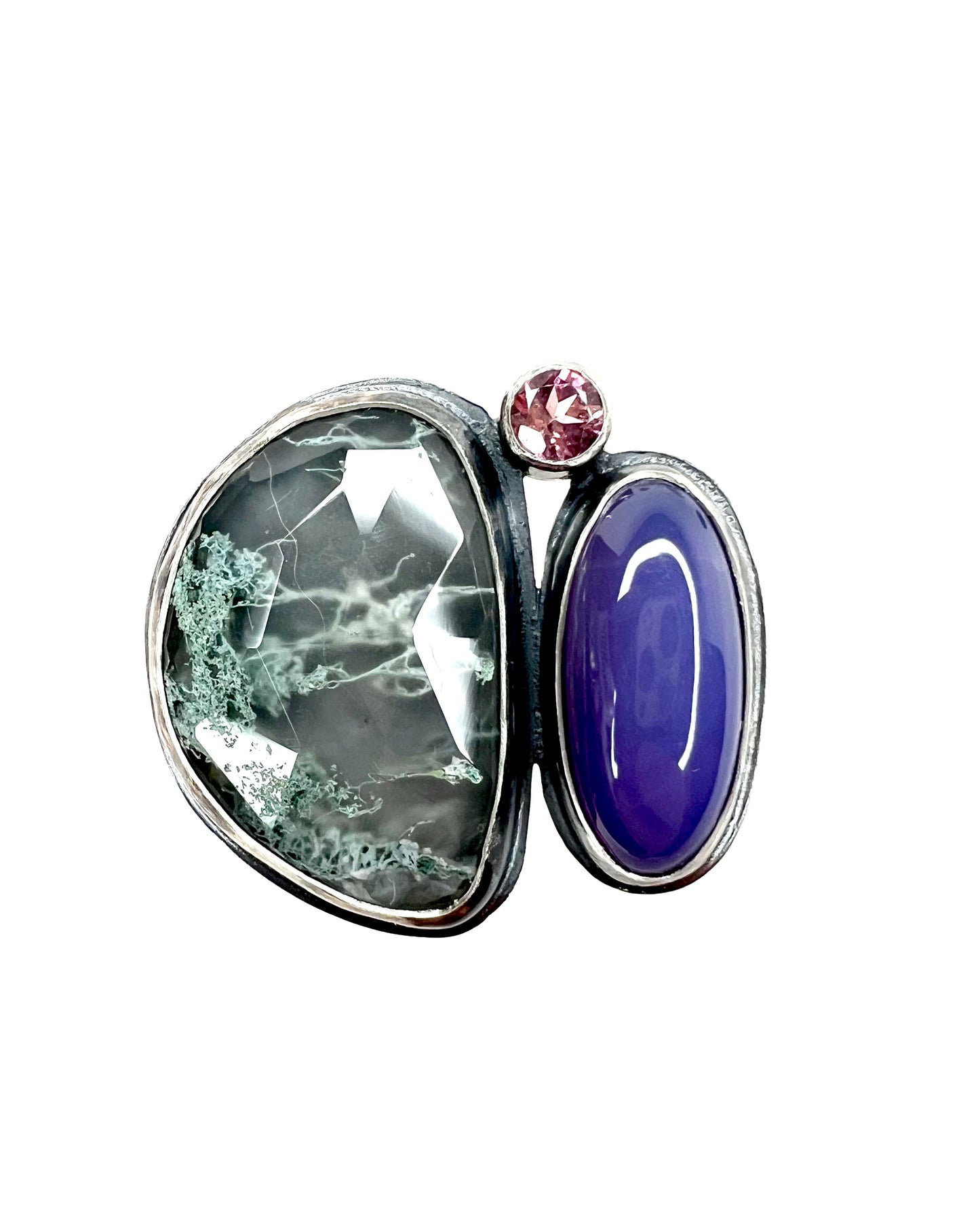 handcrafted moss agate, blue chalcedony and tourmaline sterling silver ring birthstone jewelry