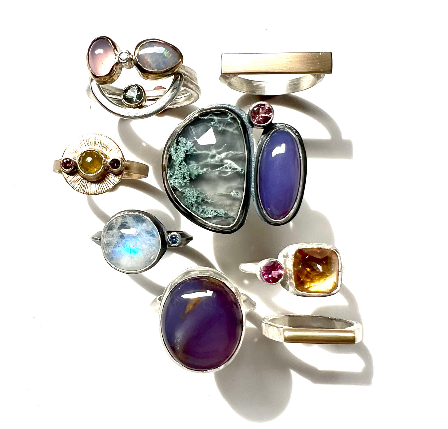 handcrafted moss agate, blue chalcedony and tourmaline sterling silver ring birthstone jewelry