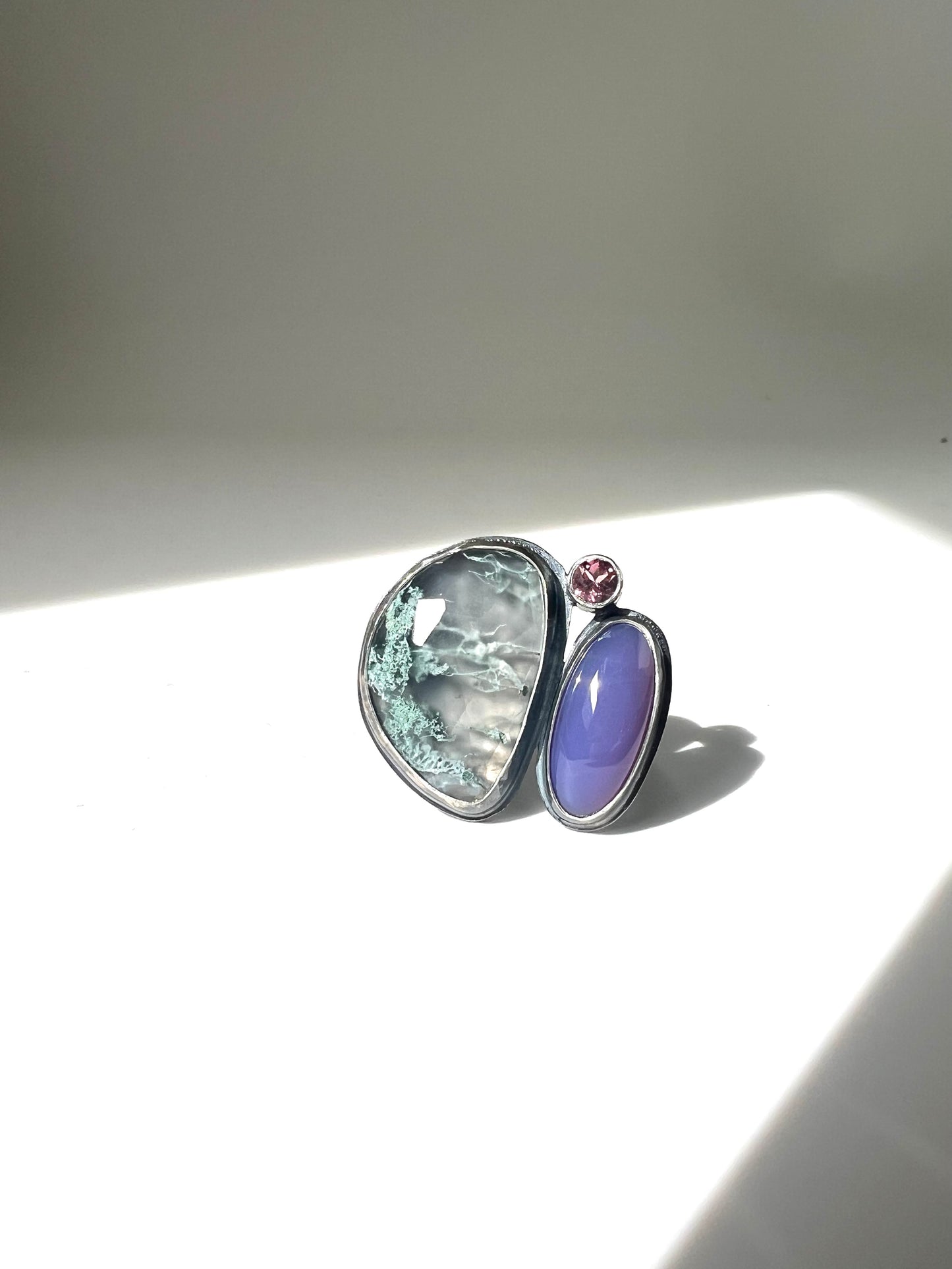handcrafted moss agate, blue chalcedony and tourmaline sterling silver ring birthstone jewelry