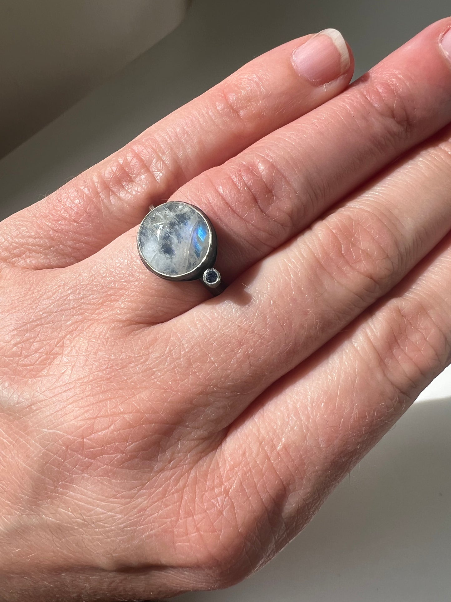 handcrafted moonstone and sapphire ring in sterling silver one of a kind jewelry