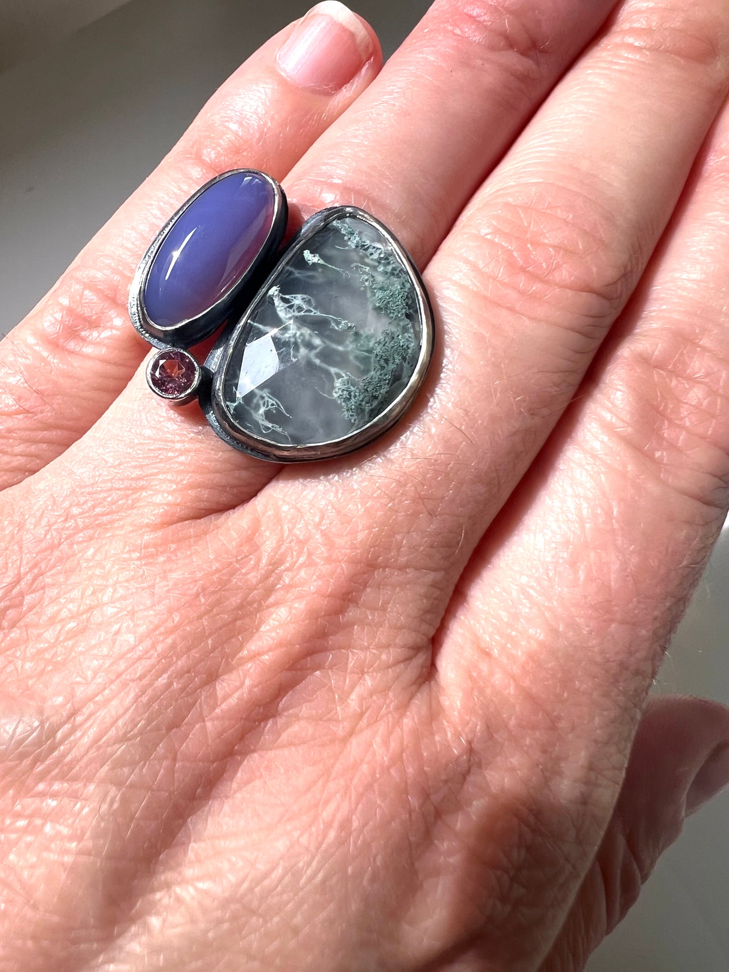 handcrafted moss agate, blue chalcedony and tourmaline sterling silver ring birthstone jewelry