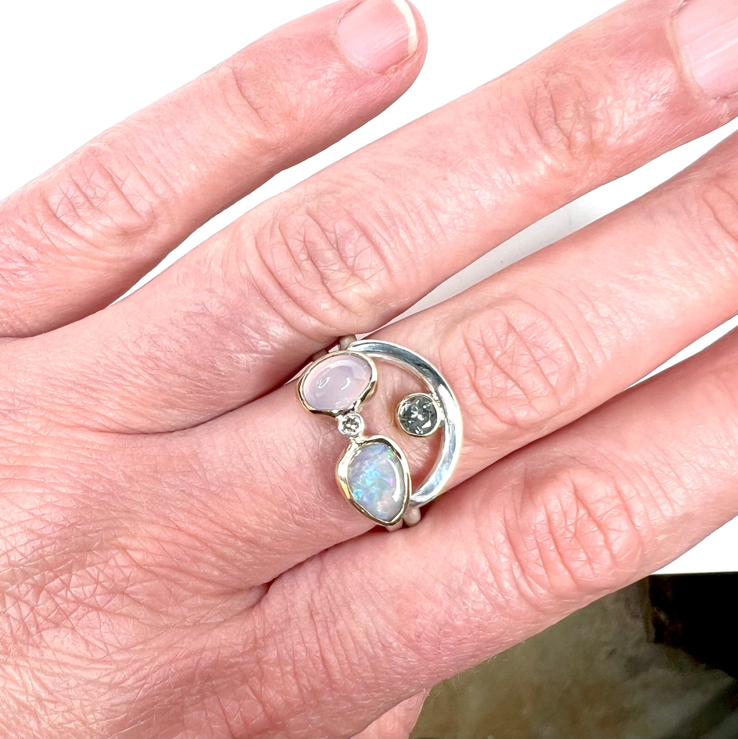 handmade stacking opal chalcedony and diamond ring set one of a kind jewelry