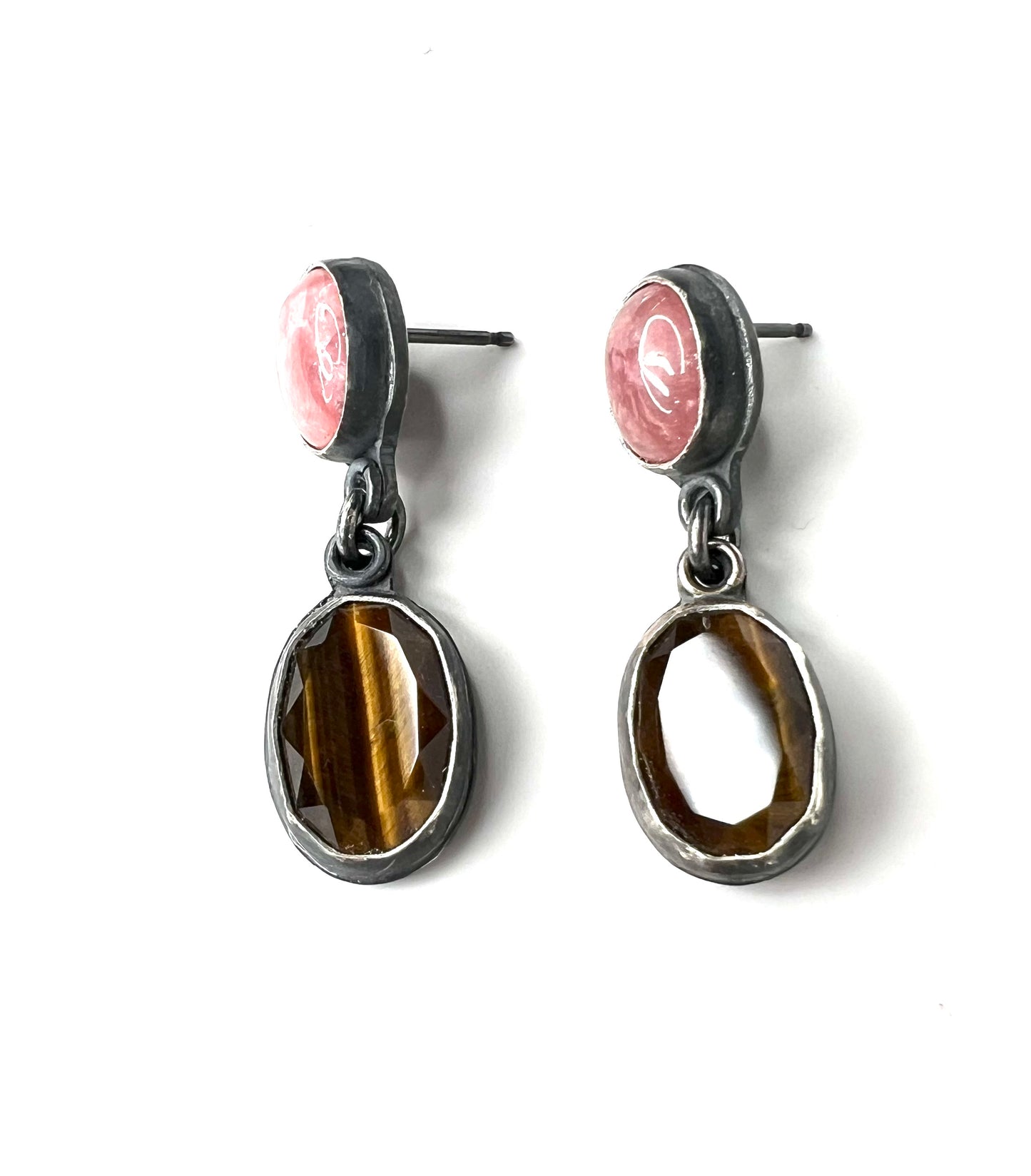 handmade tigers eye and rhodocrosite earrings handcrafted one of a kind jewelry