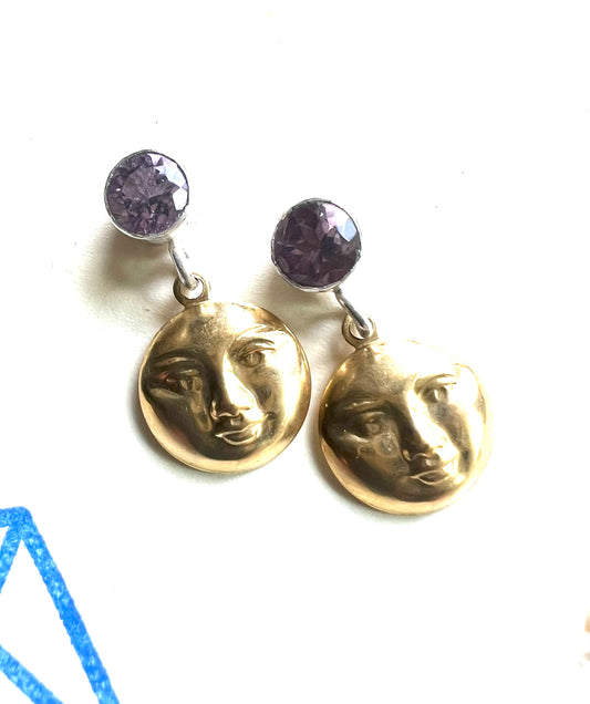 handmade amethyst and brass face earrings one of a kind jewelry