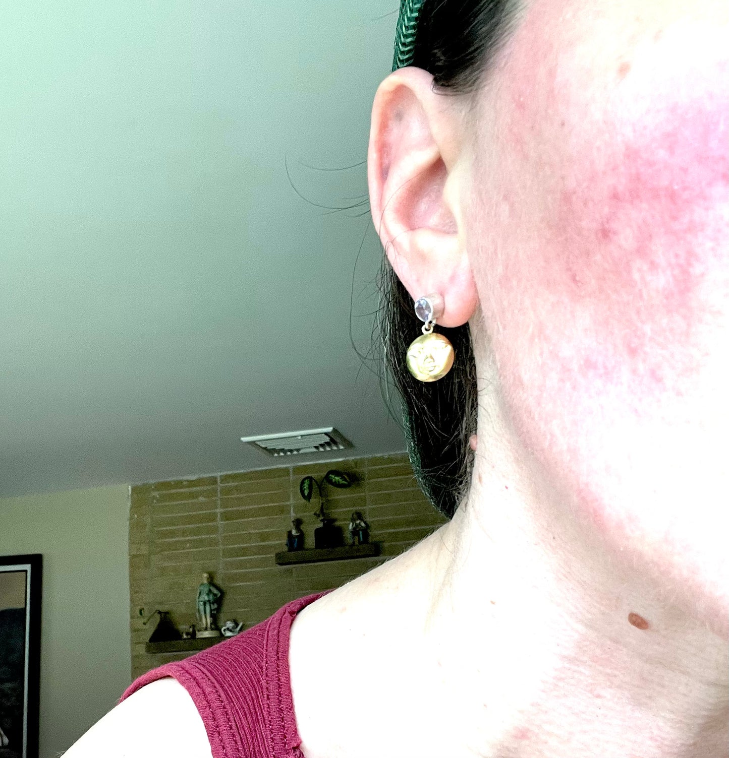 handmade amethyst and brass face earrings one of a kind jewelry