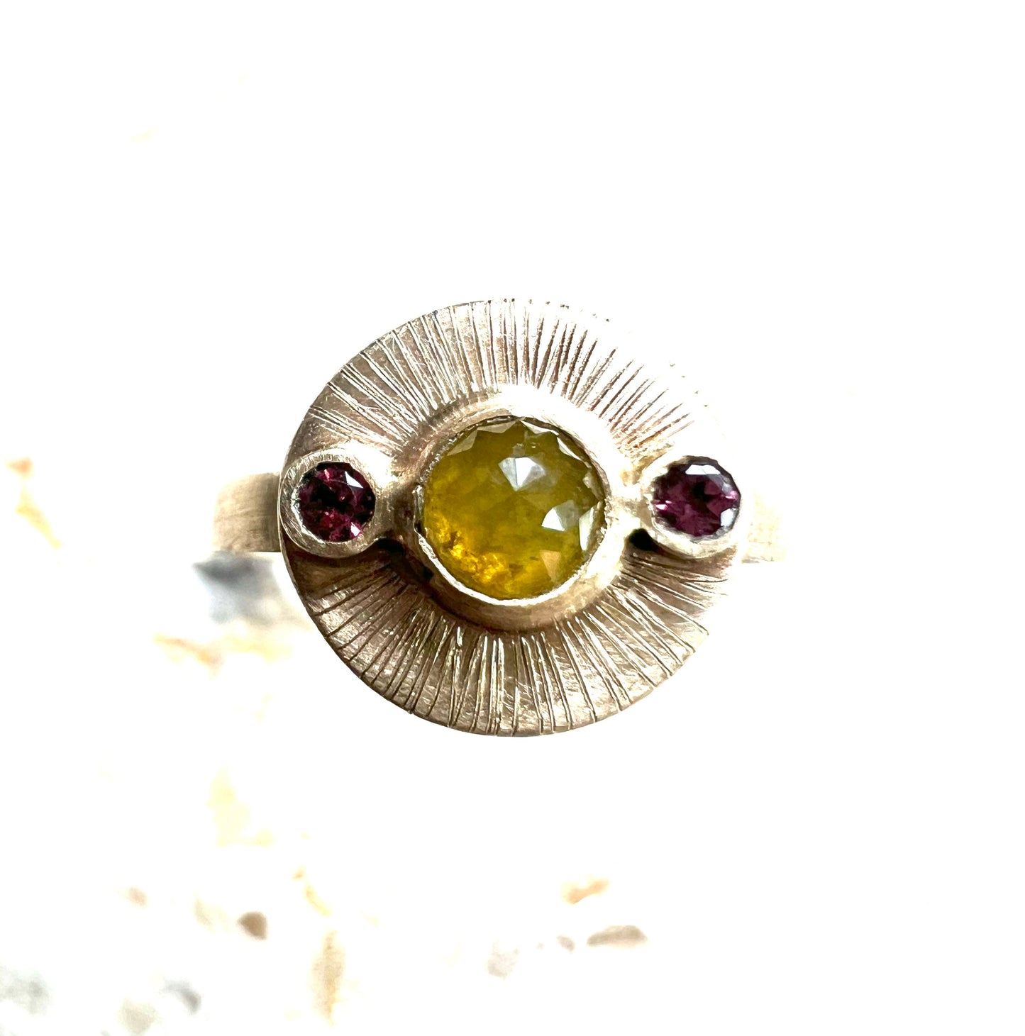 handcrafted 14k gold, yellow diamond and pink sapphire one of a kind Aurora ring