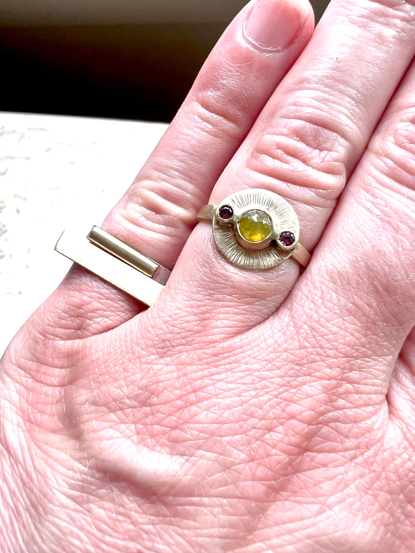 handcrafted 14k gold, yellow diamond and pink sapphire one of a kind Aurora ring