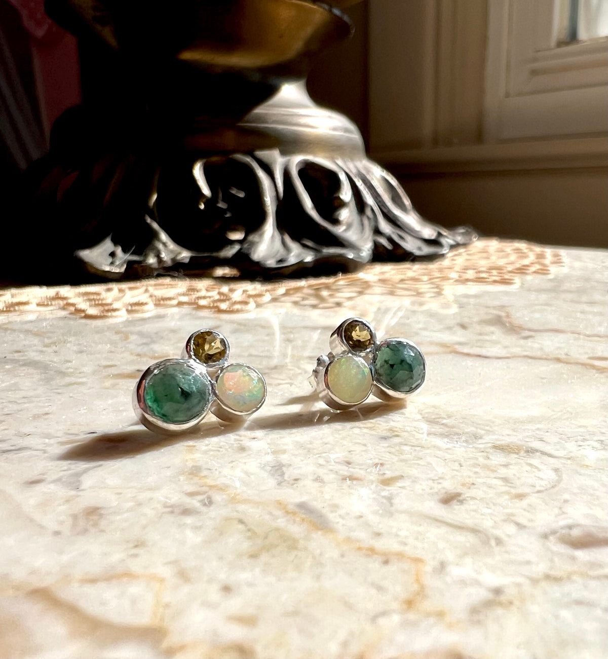 handmade emerald cluster gemstone stud earrings in sterling silver birthstone jewelry