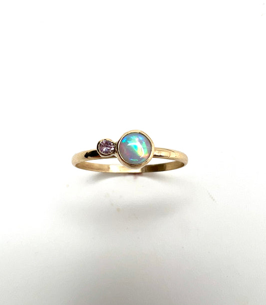 handmade opal and sapphire ring in solid 14k gold and silver
