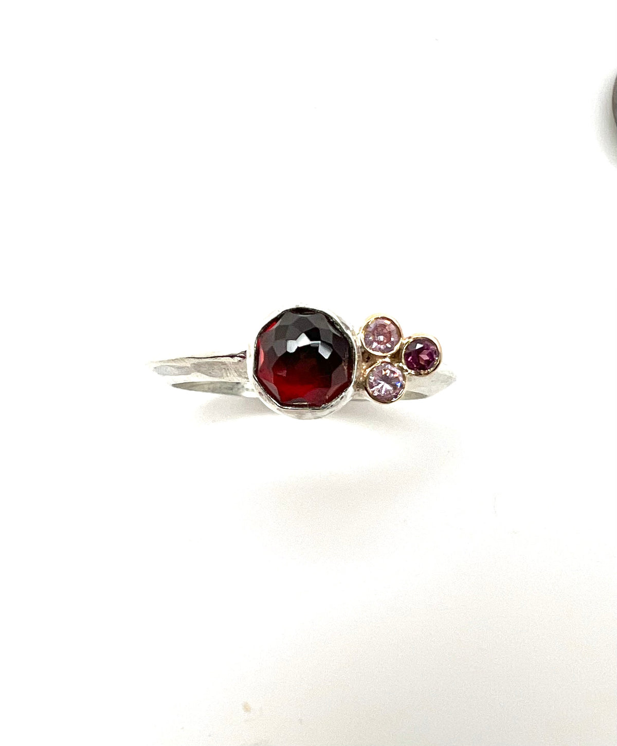 handmade rose cut garnet and sapphire ring in sterling silver and 14k gold