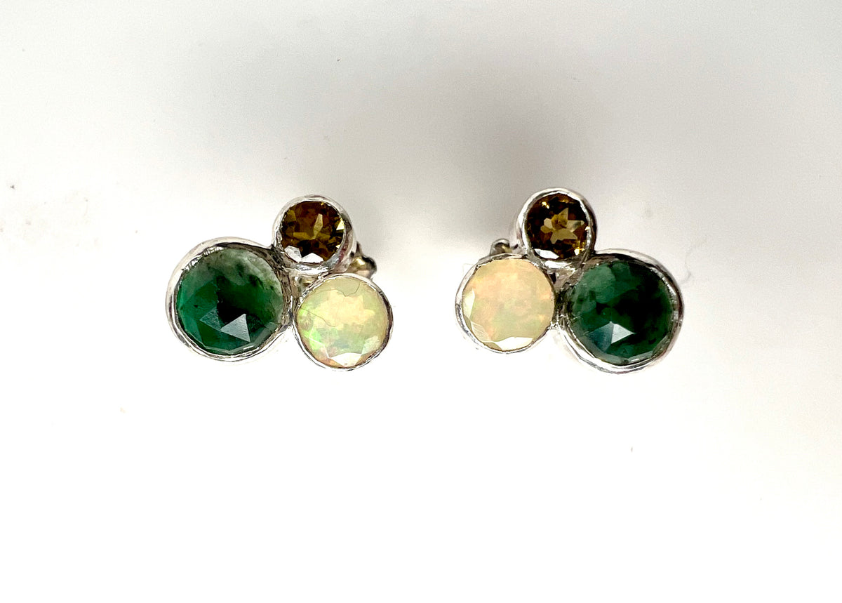handmade emerald cluster gemstone stud earrings in sterling silver birthstone jewelry