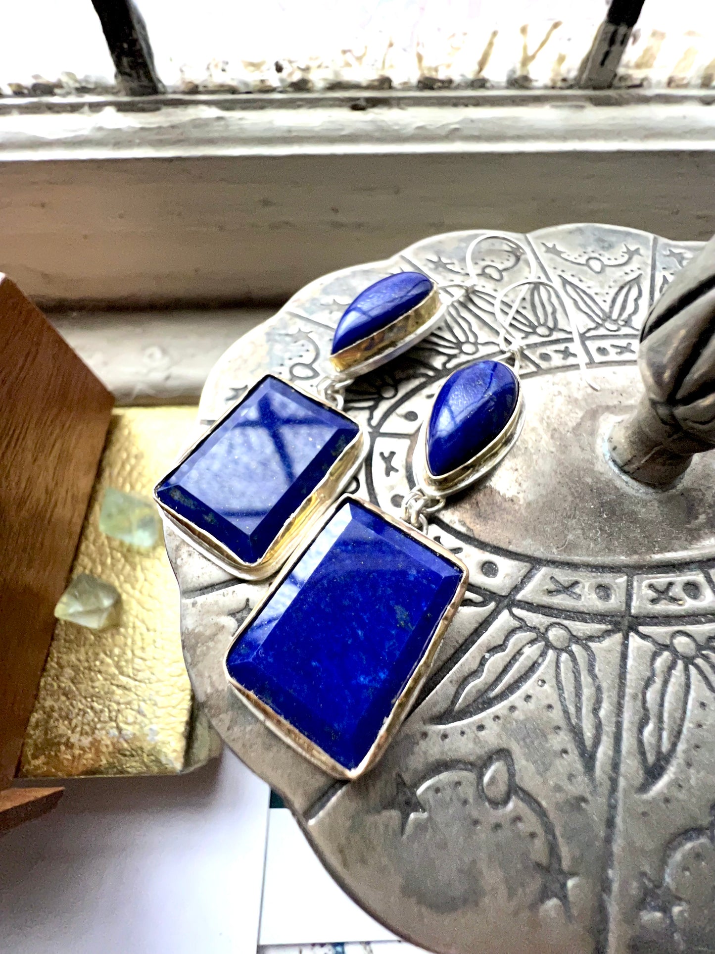 portrait cut lapis lazuli earrings in sterling silver with 14k gold