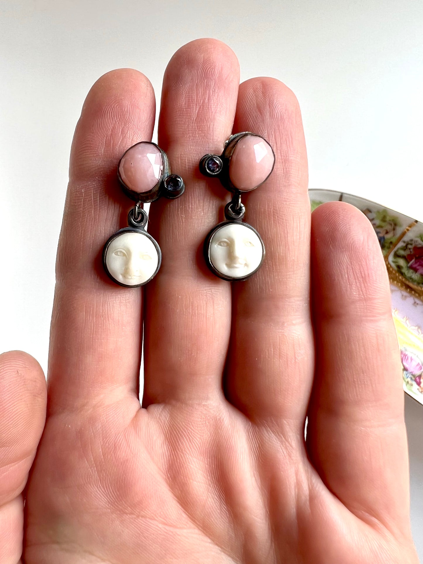 moon face earrings - carved bone, pink opal and tanzanite post earrings - handmade and one of a kind jewelry